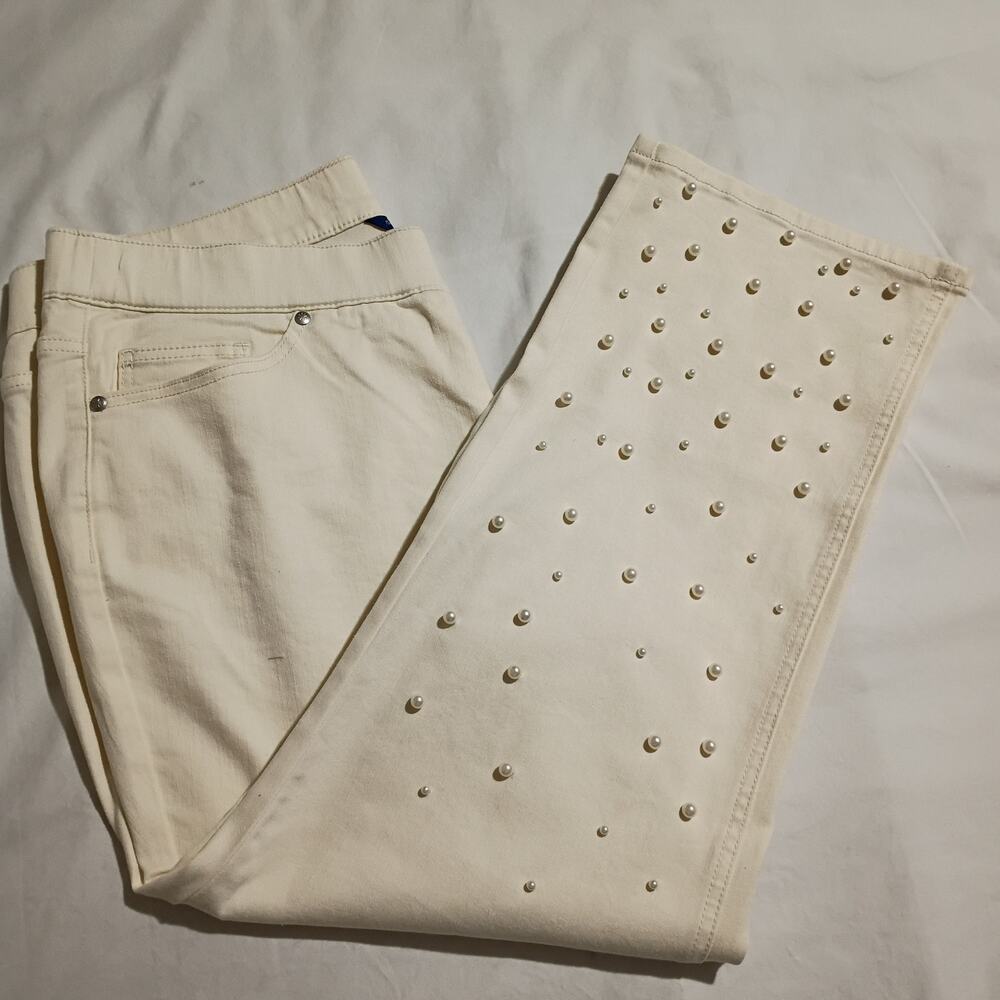 16P Pearled Straight-Leg Cream Jean Jegging Pants Isaac Mizrahi LIVE Easy Care
